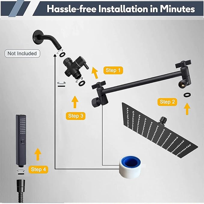 Rainfall Shower Head with Handheld Combo, Black, 10 Inch & 3 Spray Modes | 180° Adjustable with Extension Arm, Easy To Install