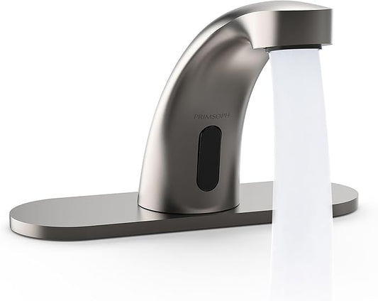 PRIMSOPH Automatic Motion Sensor Hands Free Electronic Infrared Smart Commercial Touchless Bathroom Sink Faucet with Cover Plate Temperature Mixer Battery or Plug-in Powered Brushed Nickel