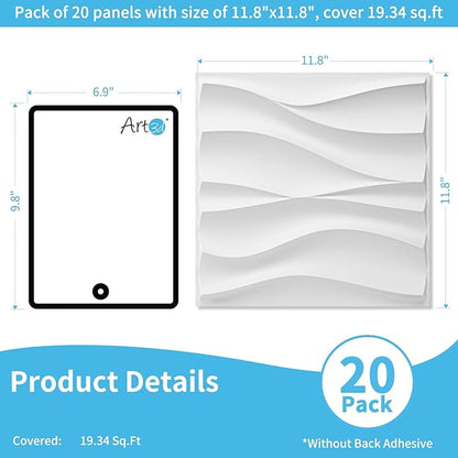 Art3d 20 Pack Decorative 3D Wall Panels, 19 Sq.Feet PVC Interior Wall Décor, 11.8"x11.8", White