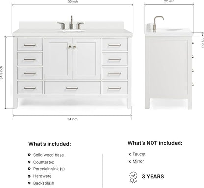 ARIEL Cambridge 54-inch Bathroom Vanity with Sink,Solid Wood, 1.5-inch Pure White Quartz Countertop & Backsplash, Single Oval Porcelain Sink, 2 Soft Closing Doors, 9 Dovetail Drawers, White
