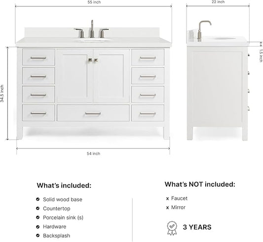 ARIEL Cambridge 54-inch Bathroom Vanity with Sink,Solid Wood, 1.5-inch Pure White Quartz Countertop & Backsplash, Single Oval Porcelain Sink, 2 Soft Closing Doors, 9 Dovetail Drawers, White