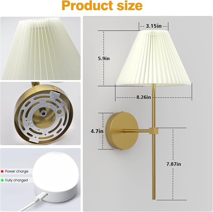 Battery Operated Wall Sconces Set of 2,Gold Rechargeable Wall Lights with Remote,3000mAh Dimmable 3 Timer Magnetic Bulbs,Indoor Wireless Lamps for Bedroom Living Room Hallway Bathroom