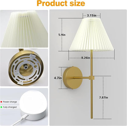 Battery Operated Wall Sconces Set of 2,Gold Rechargeable Wall Lights with Remote,3000mAh Dimmable 3 Timer Magnetic Bulbs,Indoor Wireless Lamps for Bedroom Living Room Hallway Bathroom