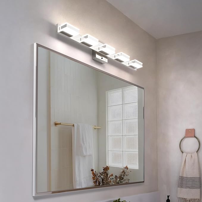 mirrea 32" 5 Light 3CCT LED Chrome Bathroom Vanity Light Fixture | Over Mirror,Bathroom Lighting,3000K/4000K/5000K ,Dimmable,Rust-resistant,Moisture-resistant,Acrylic shade,Wall Mount