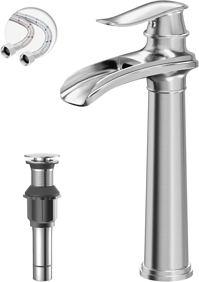 Chrome Vessel Sink Faucet Brass Waterfall Bathroom Faucet Single Hole | with Pop Up Drain Assembly and Supply Hoses, Single Handle Tall Bathroom Faucets Lavatory Vanity Mixer Tap by BATHLAVISH