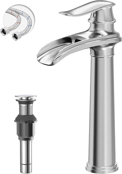 Chrome Vessel Sink Faucet Brass Waterfall Bathroom Faucet Single Hole | with Pop Up Drain Assembly and Supply Hoses, Single Handle Tall Bathroom Faucets Lavatory Vanity Mixer Tap by BATHLAVISH