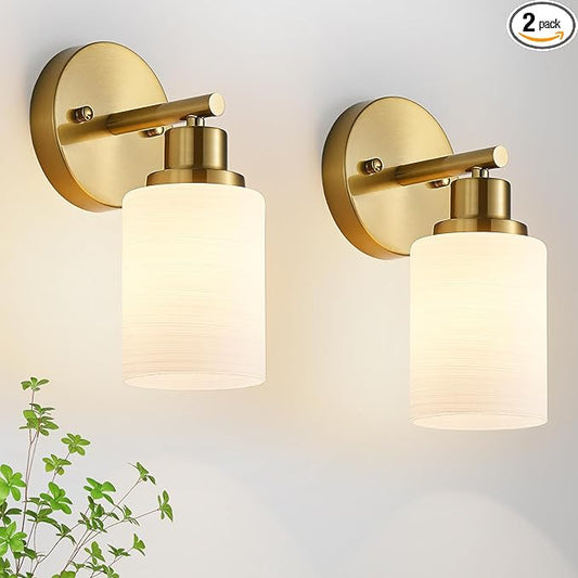 2-Pack, 1-Light Vanity Lights, Brushed Gold Bathroom Light Fixture with Textured Milky White Glass Shade, E26 Modern Vanity Lighting Fixture for Bathroom Wall Sconce