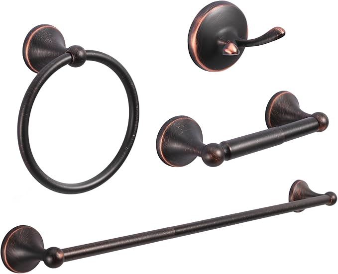 Classic Bathroom Hardware 4-piece Set,Oil-Rubbed Bronze | Wall Mounted,Stainless Steel and Zinc material,Including Towel Bar,Towel Ring,Toilet Paper Holder,Robe Hook