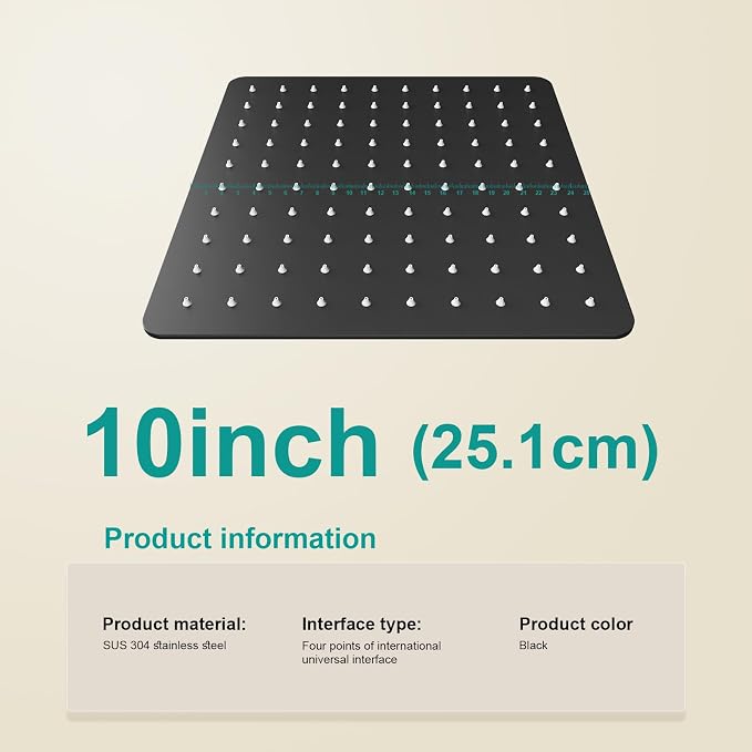 Square Rain Shower Head, High Flow Stainless Steel,Work with any decorative style，All Metal Rainfall Shower Head (Matte Black, 10)