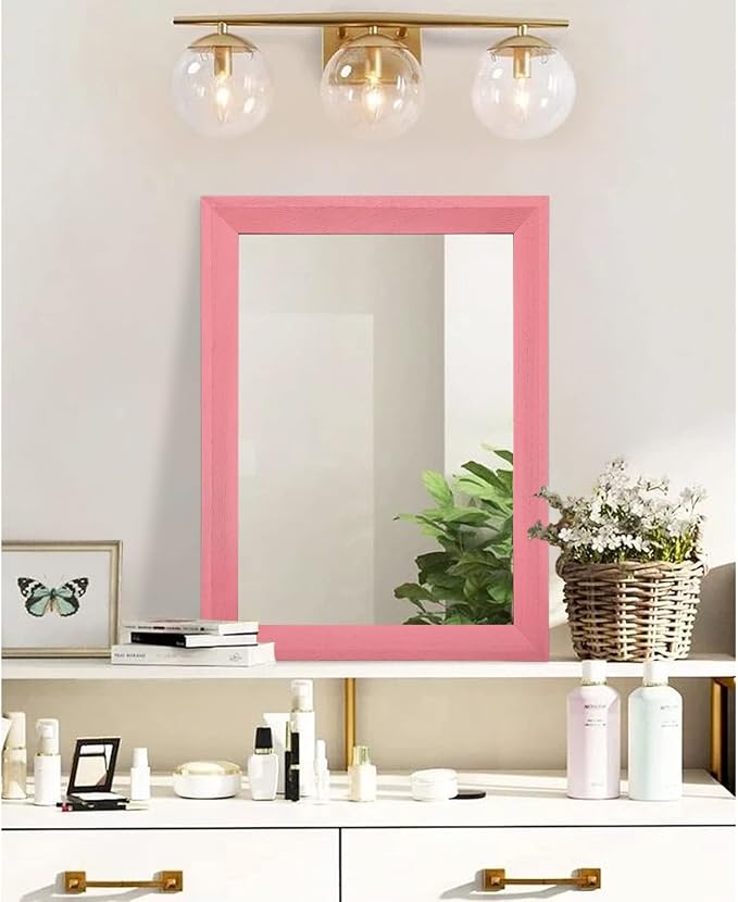 AAZZKANG Rectangle Mirror with Wood Frame Modern Farmhouse Wall Mirrors Decor Large 20"x16" for Bedroom Bathroom Living Room Pink