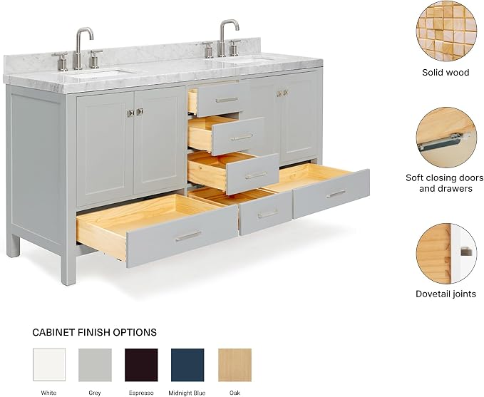 ARIEL Cambridge 72-inch Bathroom Vanity with Sink,Solid Wood, 2-inch Italian Carrara Marble Countertop, Double Rectangular Porcelain Sink, 4 Soft Closing Doors, 6 Dovetail Drawers, Grey