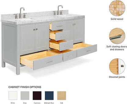 ARIEL Cambridge 72-inch Bathroom Vanity with Sink,Solid Wood, 2-inch Italian Carrara Marble Countertop, Double Rectangular Porcelain Sink, 4 Soft Closing Doors, 6 Dovetail Drawers, Grey