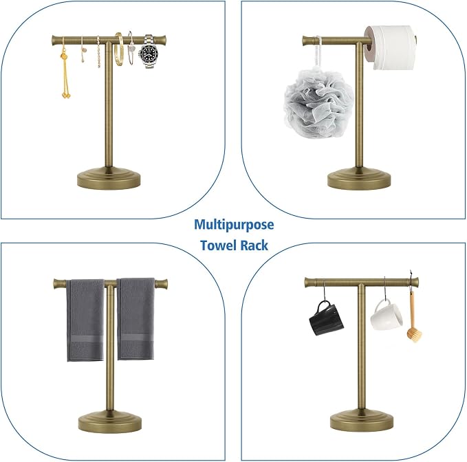 RUMOSE Antique Brass Hand Towel Holder Stand Countertop Towel Rack | 13 Inch Bathroom Kitchen Vanity T-Shape Towel Stand Free Standing Stainless Steel Towel Bar Towel Ring