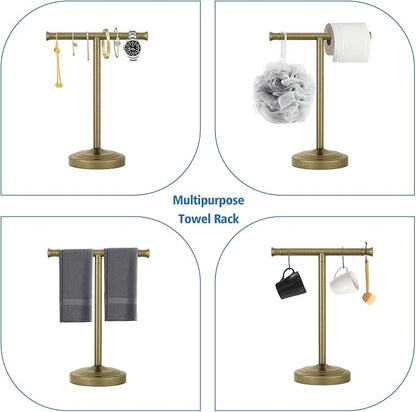 RUMOSE Antique Brass Hand Towel Holder Stand Countertop Towel Rack | 13 Inch Bathroom Kitchen Vanity T-Shape Towel Stand Free Standing Stainless Steel Towel Bar Towel Ring