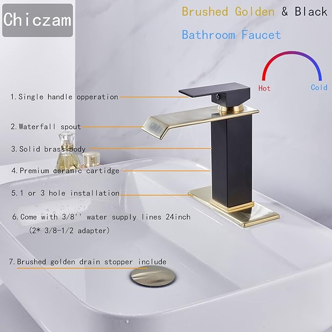 Waterfall Faucet Bathroom Brushed Golden Black Basin Vanity Sink Faucets Single Handle 1 Hole with Deck Plate Pop Up Drain Stopper Overflow Modern