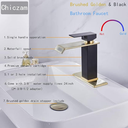 Waterfall Faucet Bathroom Brushed Golden Black Basin Vanity Sink Faucets Single Handle 1 Hole with Deck Plate Pop Up Drain Stopper Overflow Modern