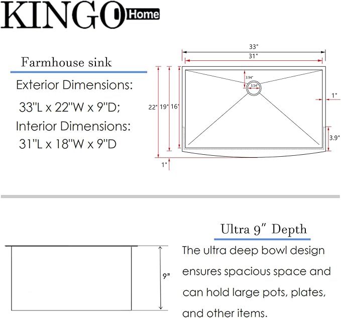 KINGO HOME Farmhouse Sink 33 Inch,16 Gauge Undermount Single Bowl 304 Stainless Steel Farmhouse Kitchen Sink, 9 Inch Deep Apron Front Farm Sink with drain