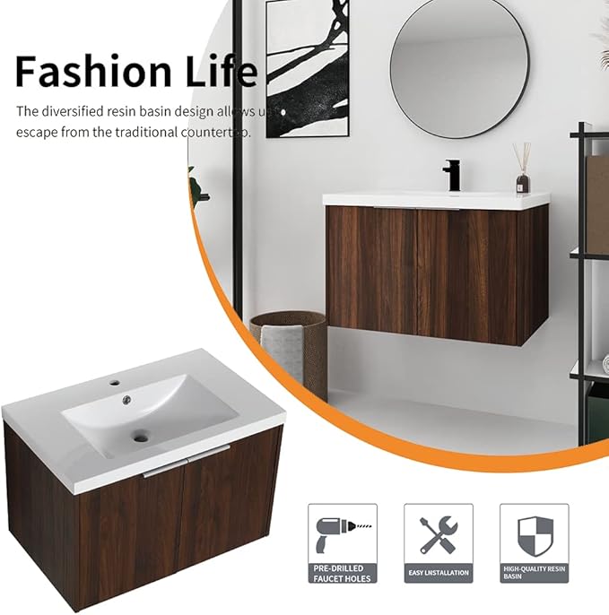 30" Bathroom Vanity with Sink, Single Sink Modern Bathroom Vanities Set, Wall-Mounted Bathroom Vanity, Floating Soft Close Door