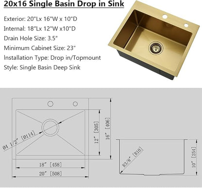 20x16 Gold Drop In Bar Sink Stainless Steel Small Outdoor Sink | Gold Kitchen Sink Wet Bar 16 Gauge Top Mount Single Bowl Sink with Drain Strainer