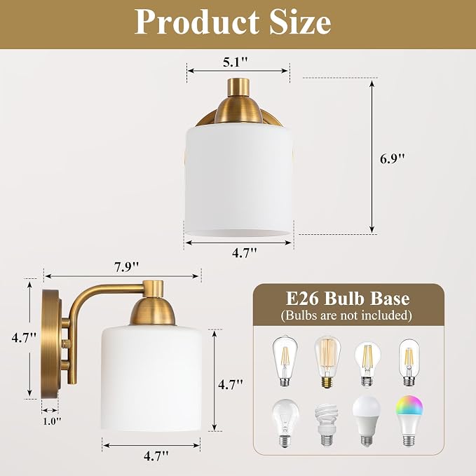 Mecgirn Brass Milk Glass Wall Sconces, 1 Pack Hardwired Indoor Wall Light Fixtures for Living Room, Hallway, Bedroom, Ceramic E26 Sockets (Bulbs Not Included)