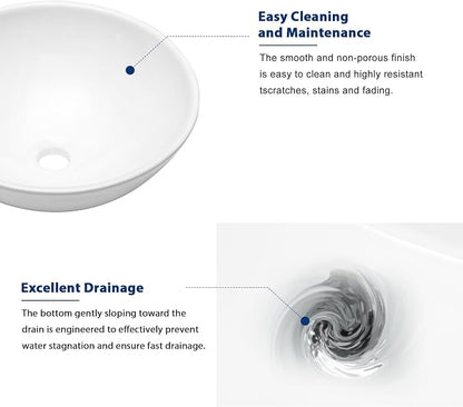 Sarlai Vessel Sink Round - 16"x16" Modern Round Bowl Above Counter White Porcelain Ceramic Bathroom Vessel Vanity Sink Art Basin