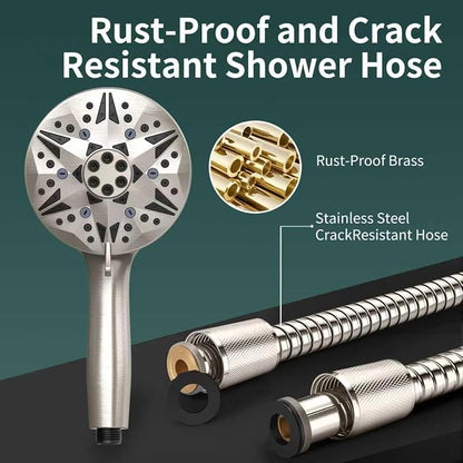 Filtered Brushed Nickel High Pressure Handheld Shower Head – 10 Spray Modes with Rain & Massage, Built-in Filter for Cleaner Water, Anti-Clog Nozzles, Power Rinse for Tile & Pets