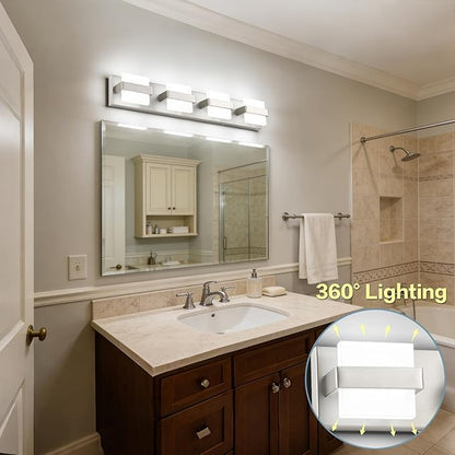 SOLFART Brushed Nickel Bathroom Light Fixtures, 4 Lights Bathroom Vanity Light，Dimmable LED Vanity Lights Nickel Vanity Lighting