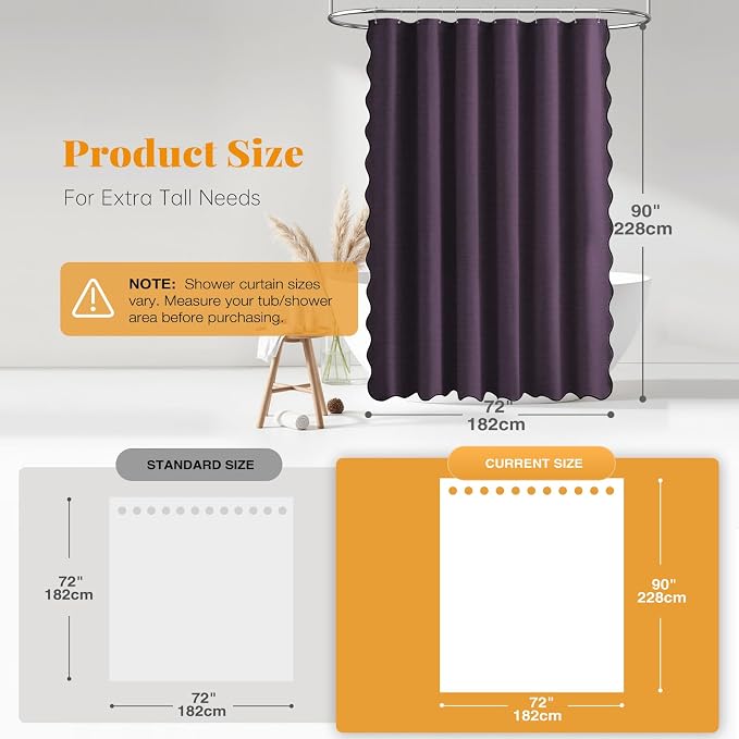 BTTN 72x90 Boho Scalloped Linen Textured Cloth Shower Curtain Set, Purple | Long Size, 230GSM Waterproof Polyester, Heavy Duty Fabric, 12 Plastic Hooks, Elegant Modern Farmhouse Style, Machine Washable