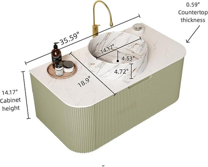 36'' Bathroom Vanities Cabinet with Sink Combo, Wall Mounted Floating Cabinet W/Curved Edges Stripes, Oak Plywood, Soft-close System with a Drawer, White Round Ceramic Basin - Kiel, Light Green/S
