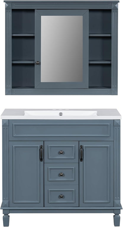 36" Bathroom Vanity with Top Sink, Mirror Cabinet, Modern Bathroom Storage Cabinet with 2 Soft Closing Doors and 2 Drawers, Single Sink Bathroom Vanity