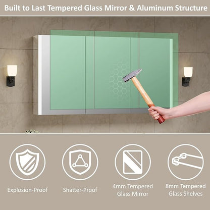 60 x 32 Inch Medicine Cabinet with Mirror and LED Light for Bathroom | Recessed, Wall-Mounted, Dimmable, Anti-Fog, Memory Function, 3 Color Mode, Outlet&USB, Adjustable Shelf, ETL Listed, Aluminum