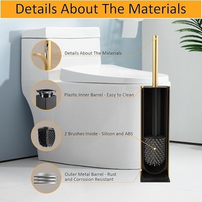 BGL Standing Toilet Brush and Holder Brushed Gold Aluminium Toilet Bowl Cleaner Brush and Holder for Bathroom Storage and Organization, Square Design Sturdy and Space Saving