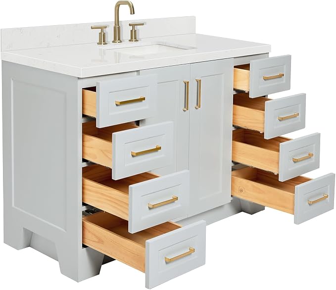 Emilia 48-Inch Bathroom Vanity with Sink — Grey Single Sink Bathroom Vanity, 1.5" Edge Carrara Quartz Countertop, Solid Wood, 2 Soft Closing Doors, 9 Dovetail Drawers