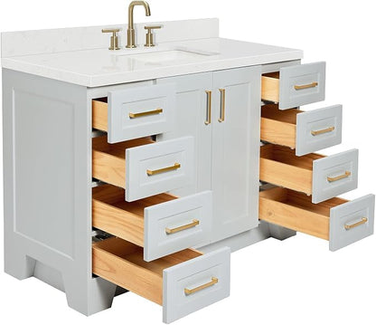 Emilia 48-Inch Bathroom Vanity with Sink — Grey Single Sink Bathroom Vanity, 1.5" Edge Carrara Quartz Countertop, Solid Wood, 2 Soft Closing Doors, 9 Dovetail Drawers