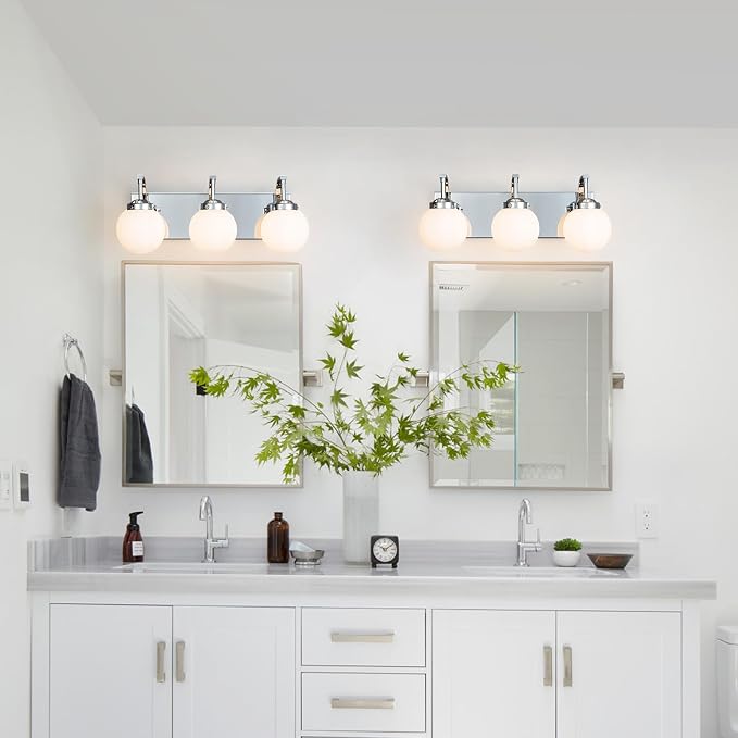 3 Lights Bathroom Vanity Light Fixtures Modern Chrome Vanity Light with Milk White Glass Globe Shade Bathroom Lighting Over Mirror Wall Sconce for Bedroom Living Room Hallway