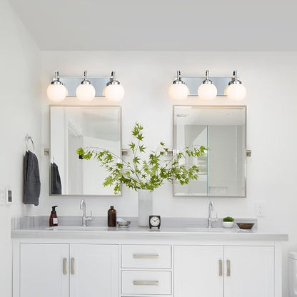 3 Lights Bathroom Vanity Light Fixtures Modern Chrome Vanity Light with Milk White Glass Globe Shade Bathroom Lighting Over Mirror Wall Sconce for Bedroom Living Room Hallway