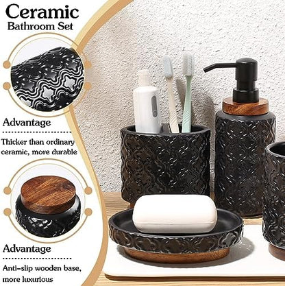 RQYIXI Ceramic Bathroom Accessories Set,Black,4 Piece,Embossed Design