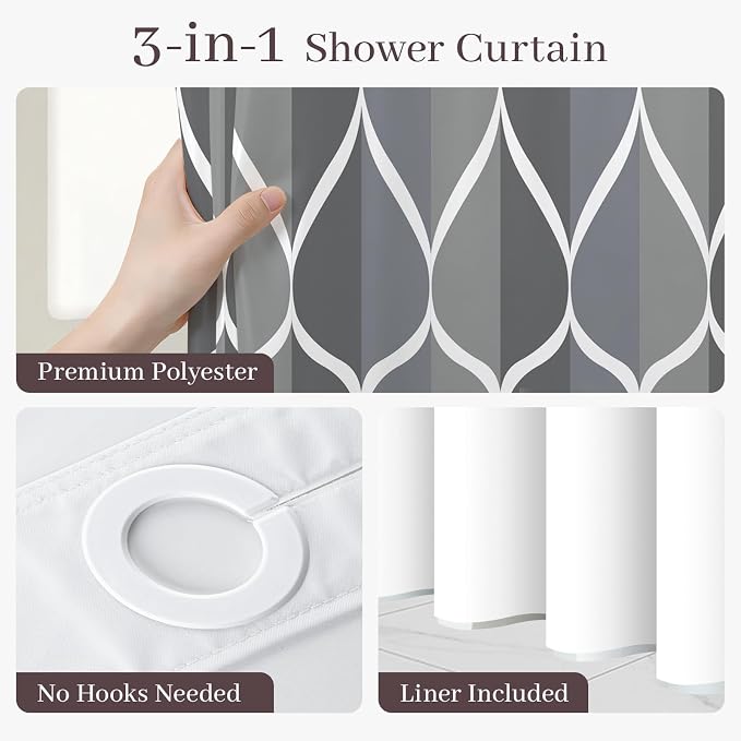Gelbchu Dark Gray No Hook Shower Curtain with Snap-in Liner, 71 x 74 Inch | Built-In Hooks, Mesh Top Window, Water-Repellent, Machine Washable, Quick Drying, Premium Polyester, Hotel Style, Modern