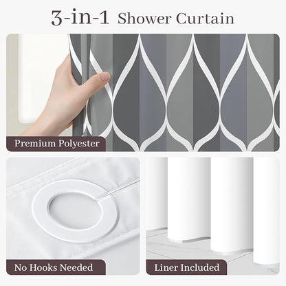 Gelbchu Dark Gray No Hook Shower Curtain with Snap-in Liner, 71 x 74 Inch | Built-In Hooks, Mesh Top Window, Water-Repellent, Machine Washable, Quick Drying, Premium Polyester, Hotel Style, Modern