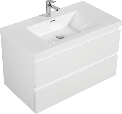 36 Inch Floating Bathroom Vanity with Sink, Large Storage Wall Mounted Floating Vanity with Soft Close Drawers, One-Piece Basin Bathroom Sink Cabinet (Glossy White, 36")