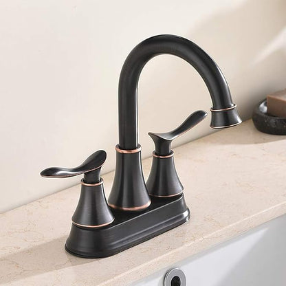 KINGO HOME Modern 2 Handle Oil Rubbed Bronze Bathroom Faucet, Bronze Bathroom Faucets RV Rubbed Bronze Bath Vanity Faucet for Sink 3 Hole with Water Supply Lines and Pop Up Drain