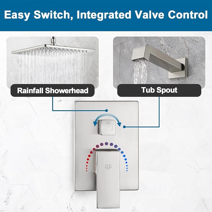 Shower Tub Faucet Set Brushed Nickel Bathroom Shower System with Tub Spout Wall Mounted Rainfall 10 Inch Thickened Shower Head and Handle Set Include Shower Valve and Trim Kit