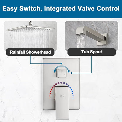 Shower Tub Faucet Set Brushed Nickel Bathroom Shower System with Tub Spout Wall Mounted Rainfall 10 Inch Thickened Shower Head and Handle Set Include Shower Valve and Trim Kit