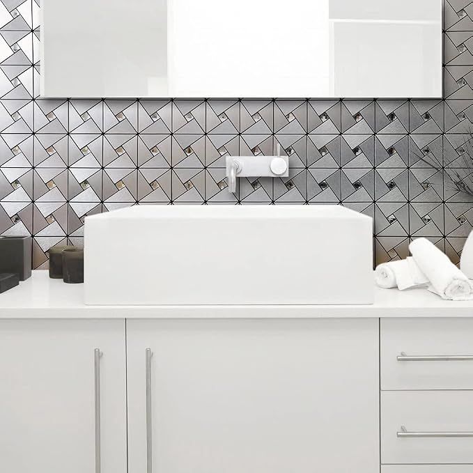 DICOFUN 10-Sheet Peel and Stick Backsplash Metal Tile, Mixed Glass Self-Adhesive Mosaic Tiles, Stainless Steel Stick on Wall Tiles for Kitchen and Bathroom Backspalsh, Mirror Décor