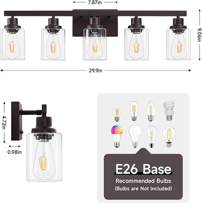 5-Light Oil Rubbed Bronze Bathroom Light Fixtures,30" Vanity Light | Modern Bronze Bathroom Lighting with Clear Glass Shades,Bathroom Wall Sconece over Mirror Sink Cabinet