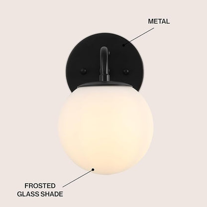 JONATHAN Y 5.75" Black 1-Light Modern Globe Wall Sconce Vanity Light for Bathroom, White Frosted Glass Shade, Midcentury Parisian Bistro Wall Lamp, LED Bulb Included (JYL3534B)