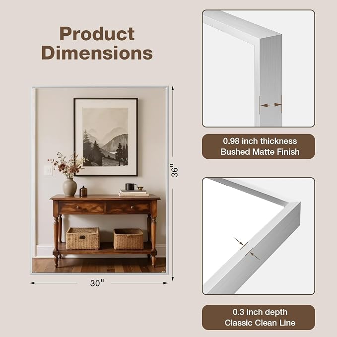 MZON 30" x 36" Brushed Nickel Bathroom Vanity Mirror, Mirror for Over Sink | Aluminum Alloy Frame, Clear Reflection, Rust-Resistant, Vertical or Horizontal, Wall Mount, Bedroom and Entryway