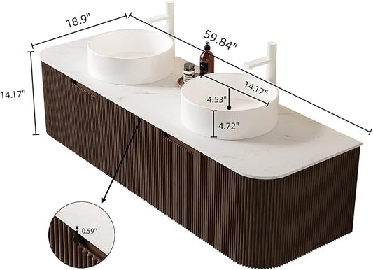 Yayzy 60" Floating Bathroom Vanity with Sink, Solid Wood Fluted Cabinet, White Round Ceramic Basin & Faux Marble Top, Soft-Close Drawer, Pre-Assembled, Walnut Woodgrain