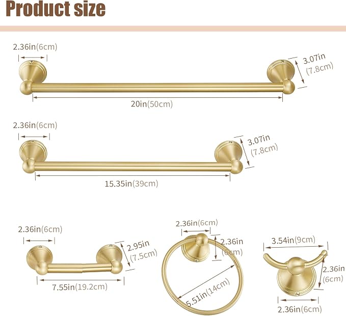 Sagetta Bathroom Hardware Set, 5-Piece Bath Accessories Set Wall Mount Includes 20 in Towel Bar, 16 in Towel Bar, Towel Ring, TP Holder, Towel Hook Brushed Gold