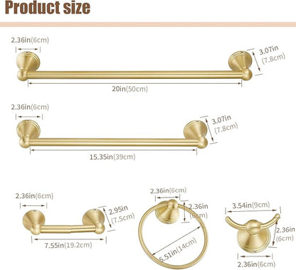 Sagetta Bathroom Hardware Set, 5-Piece Bath Accessories Set Wall Mount Includes 20 in Towel Bar, 16 in Towel Bar, Towel Ring, TP Holder, Towel Hook Brushed Gold